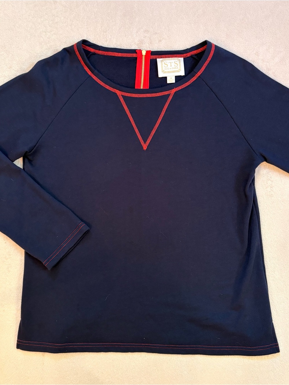 Sail to Sable Navy Top long sleeve with Gold Back Zip Red Trim Sz M